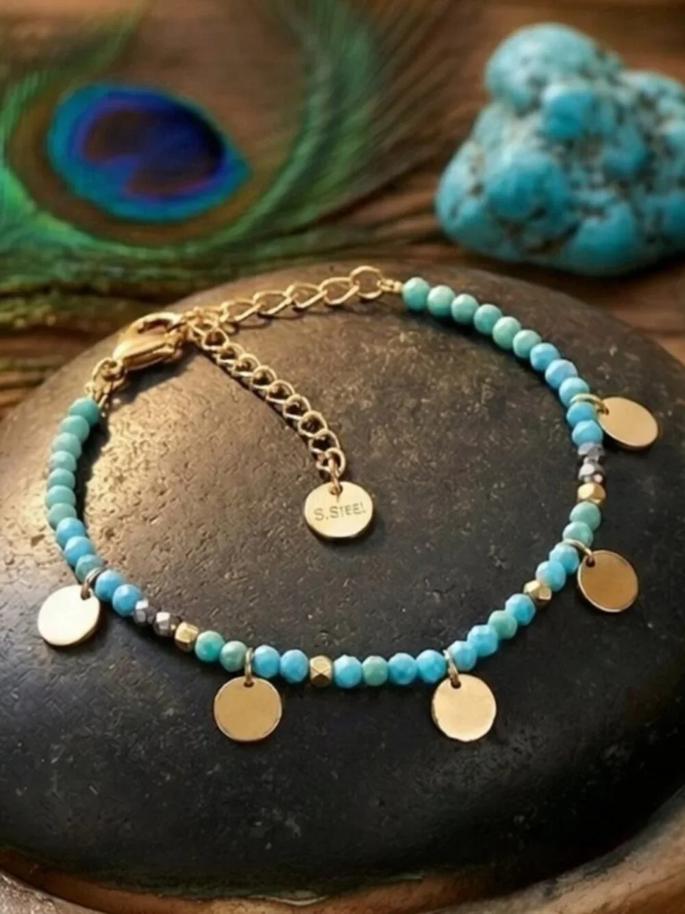 18k Gold Plated 316L SS Blue Jade and Freshwater Pearl Stackable Bracelet Set